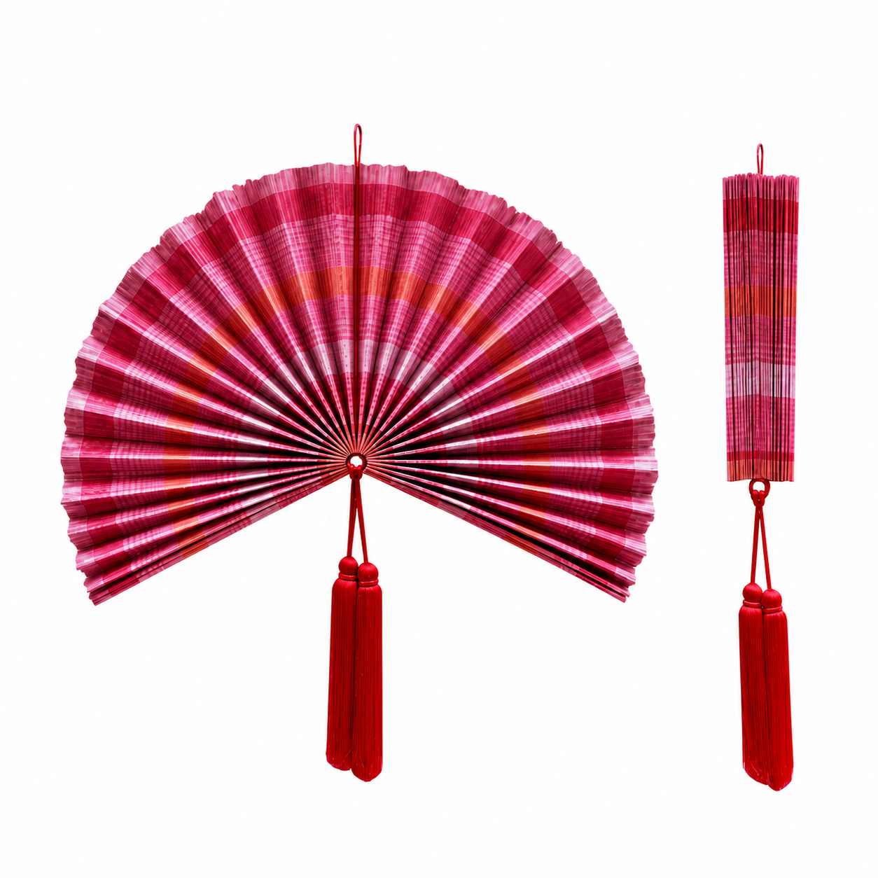 Large 30" Handcrafted Bamboo Folding Fan Wall Decor - Red Pink