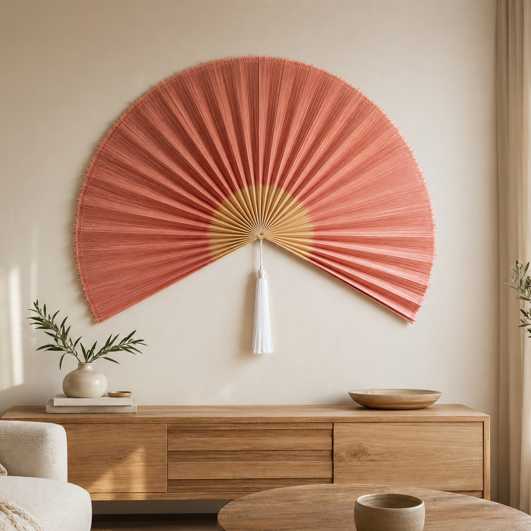 Pink Coral Handwoven Wall Fan with White Tassels