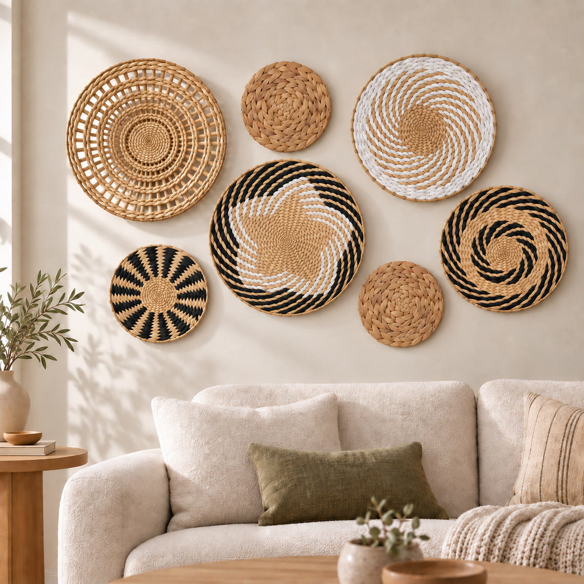 7-Piece Woven Wall Basket Set - Boho Black and White Wall Decor image 4