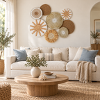 Eight-piece white and natural woven wall decor set above a living room sofa