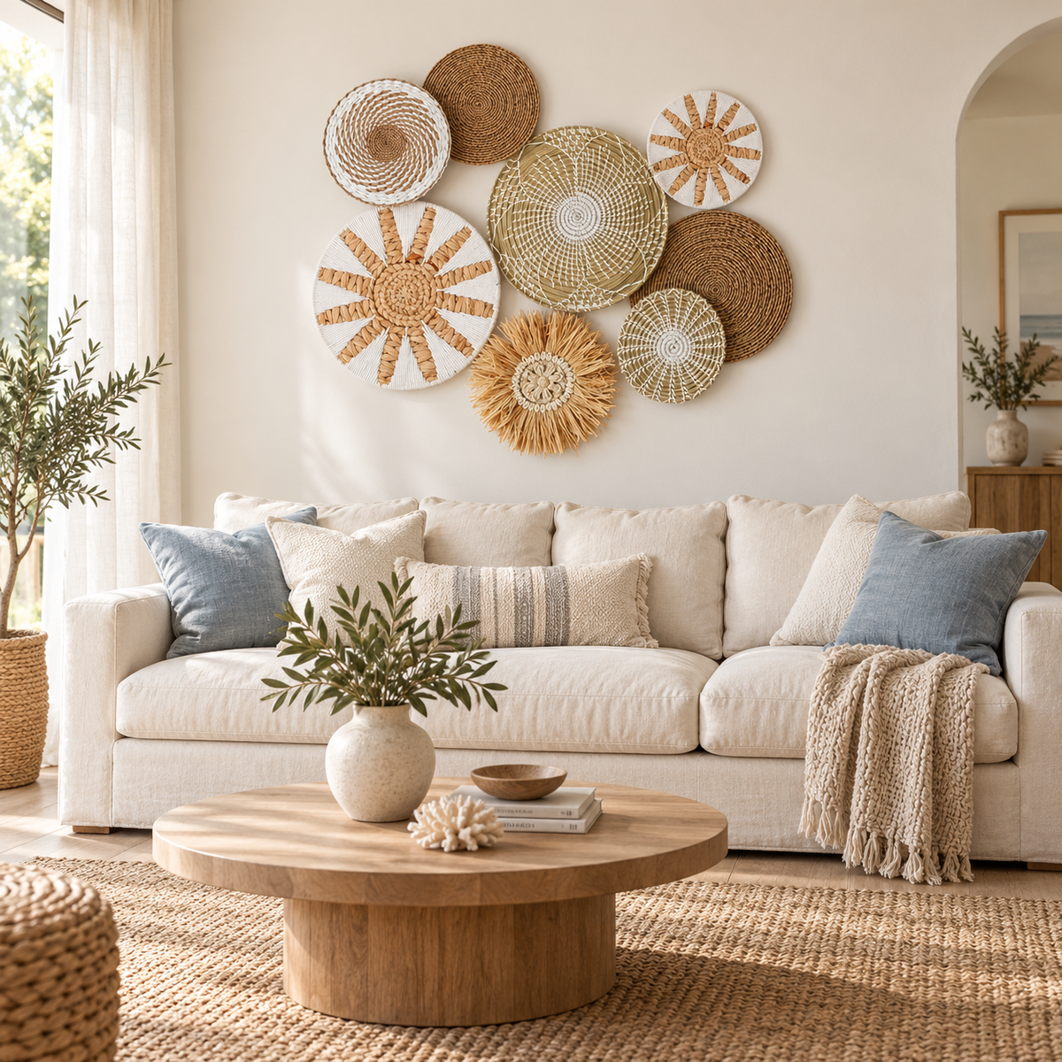 Eight-piece white and natural woven wall decor set above a living room sofa