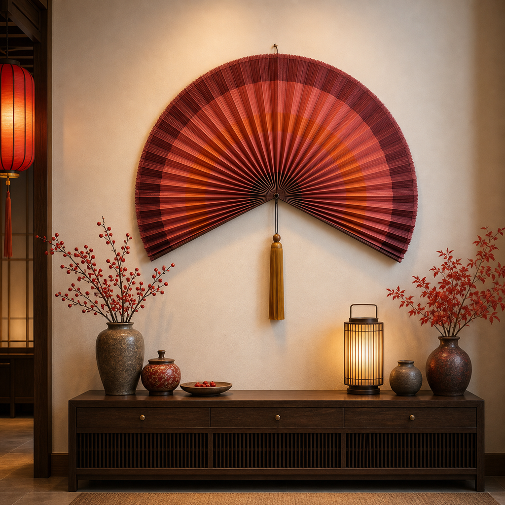 Red Orange Gradient Bamboo Wall Fan with Yellow Tassels - 50" × 100 cm