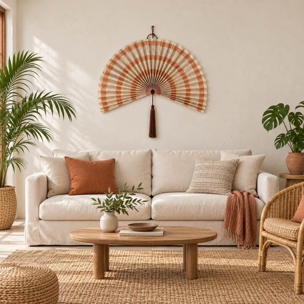 Orange and cream striped woven wall fan above a boho living room sofa