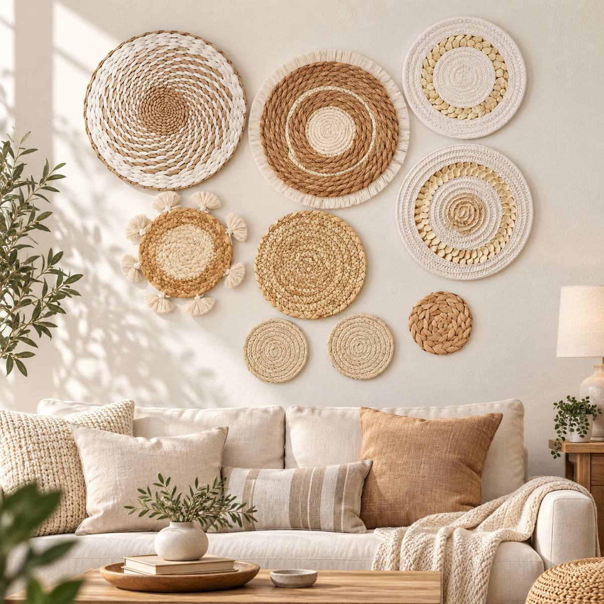 Neutral spiral woven wall baskets displayed above a living room sofa