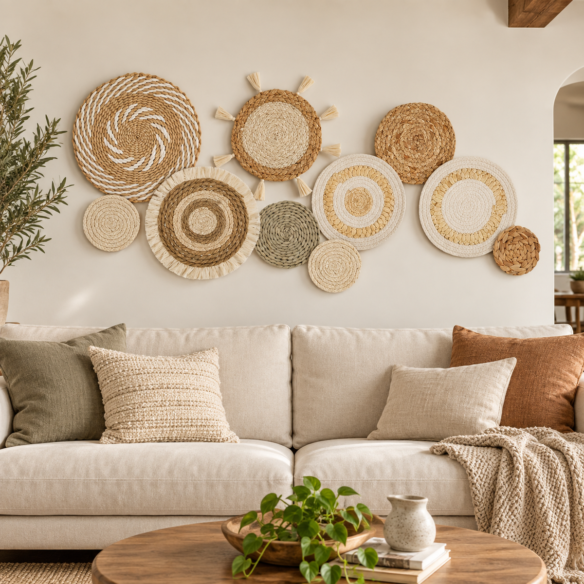 Sage green and neutral wall baskets displayed above a living room sofa
