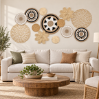 Black white mixed texture wall baskets above a living room sofa