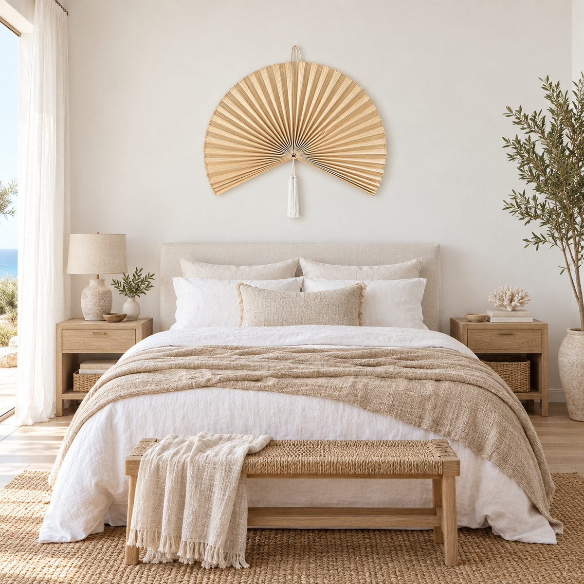 Natural Beige woven wall fan in a styled room