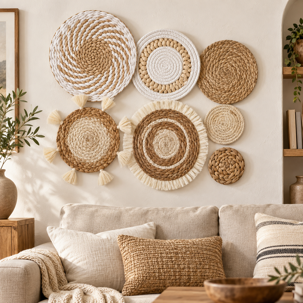 Neutral tassel woven wall baskets displayed above a living room sofa