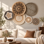 Neutral boho woven wall baskets displayed above a living room sofa