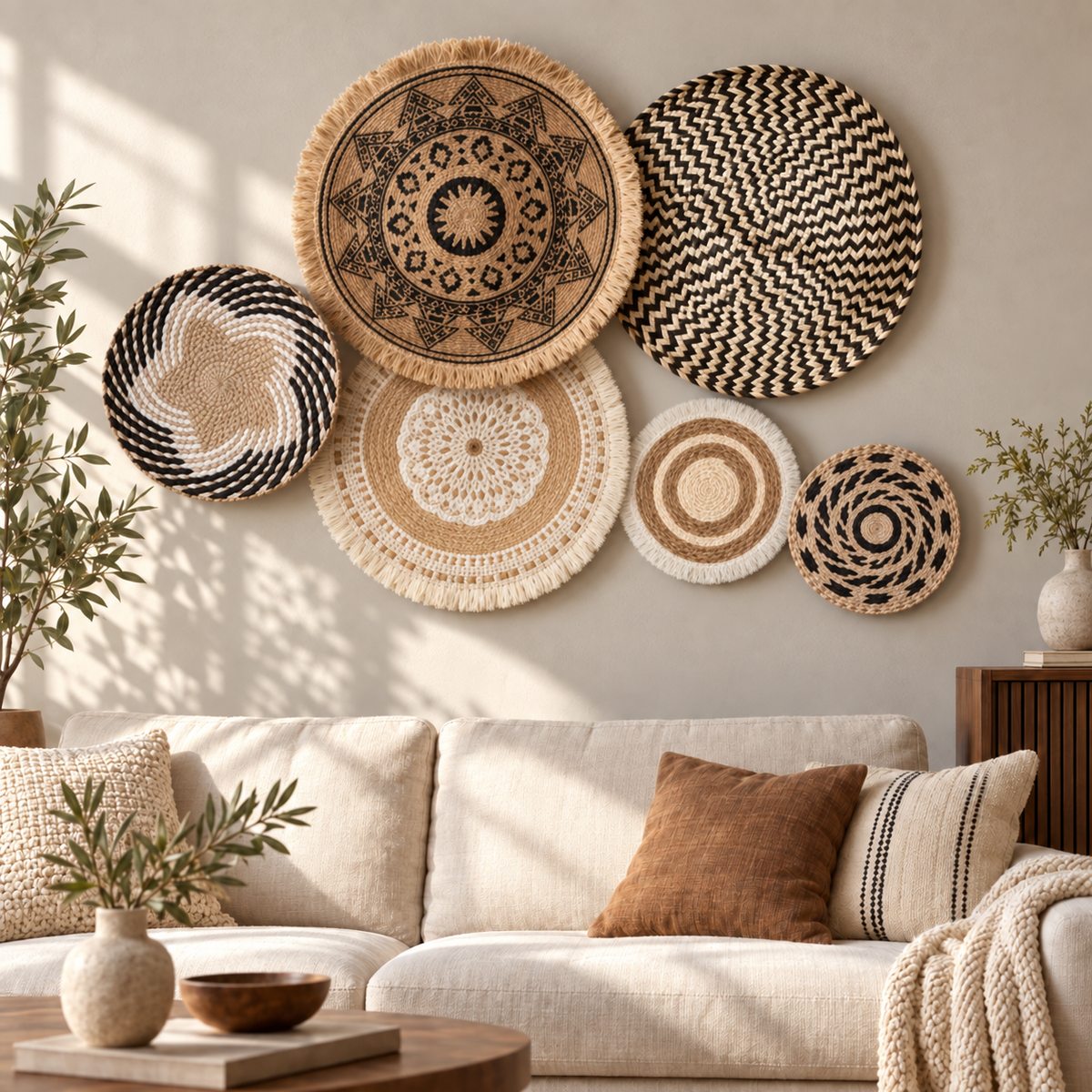 Neutral boho woven wall baskets displayed above a living room sofa