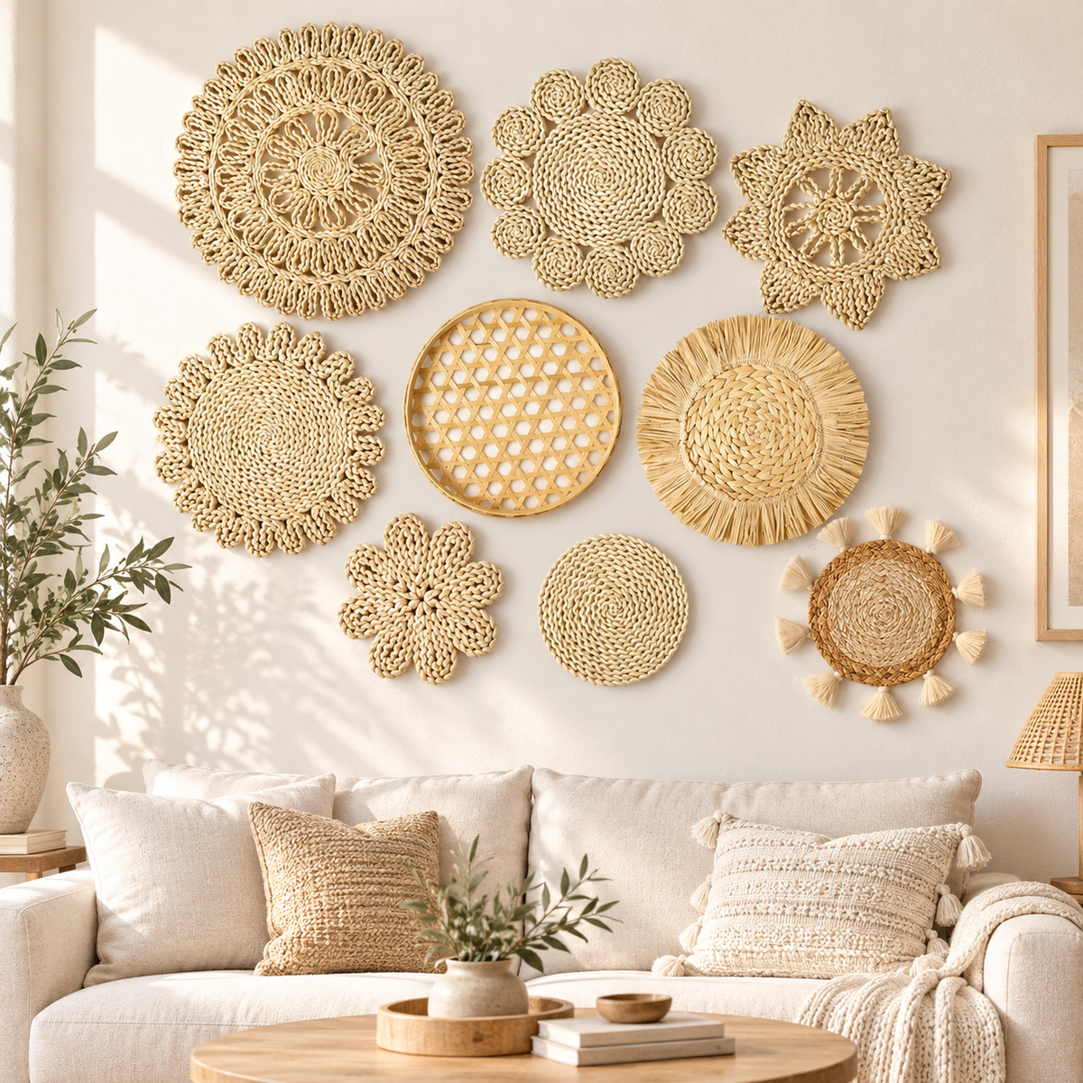 Floral natural woven wall baskets displayed above a living room sofa