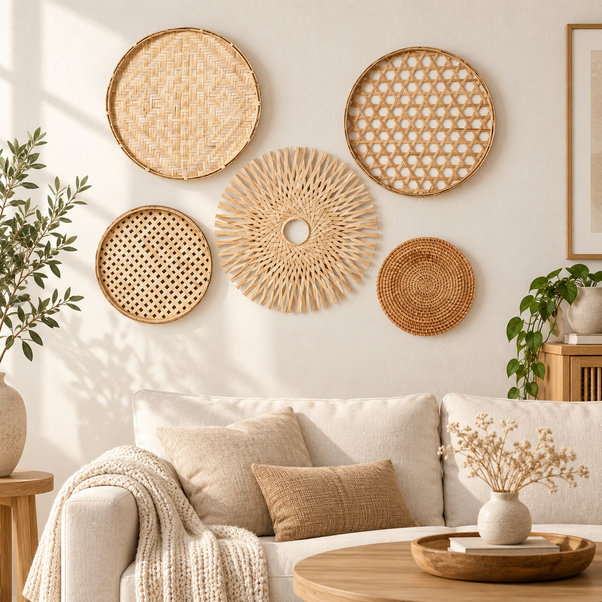 Natural bamboo woven wall baskets displayed above a living room sofa
