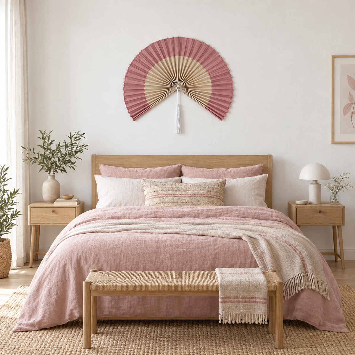 Dusty Pink & Natural woven wall fan in a styled room