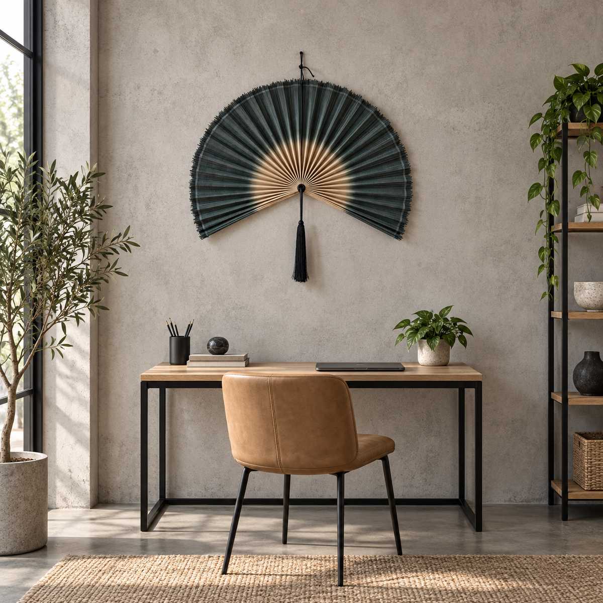 Charcoal Blue woven wall fan in a styled room