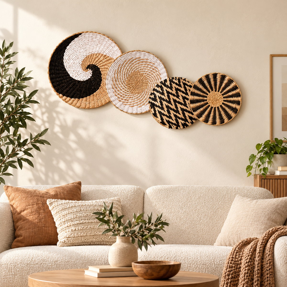 Black and white woven wall baskets above a living room sofa