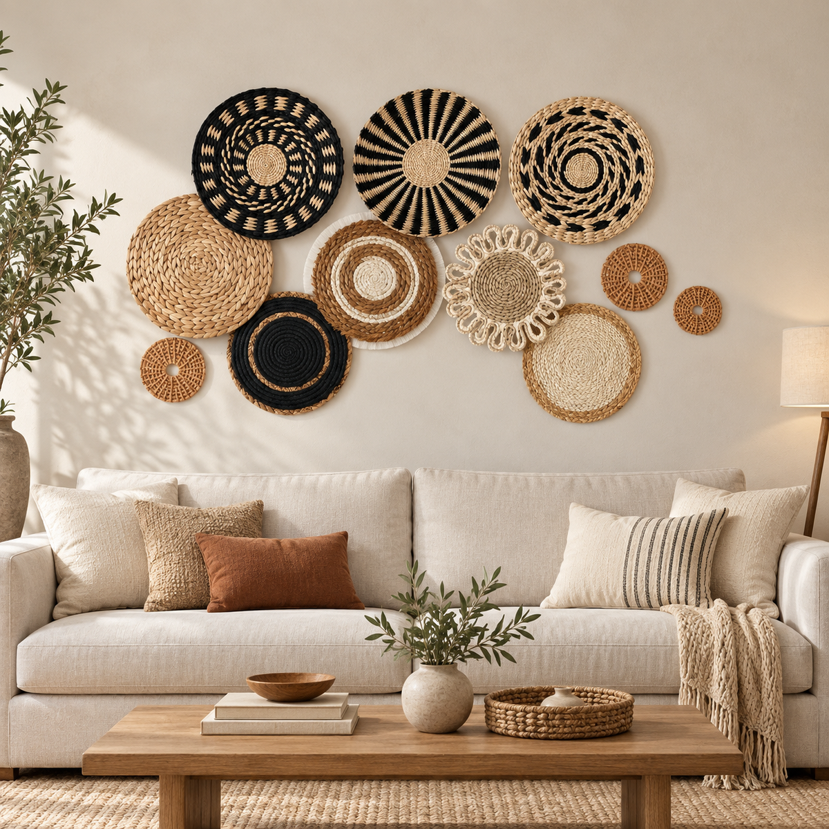 Black geometric woven wall baskets above a living room sofa