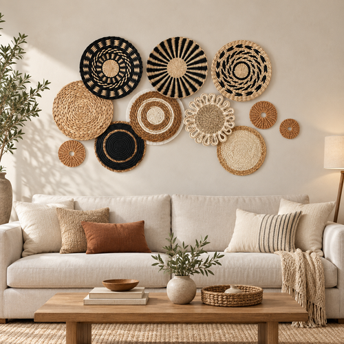 Black geometric woven wall baskets above a living room sofa