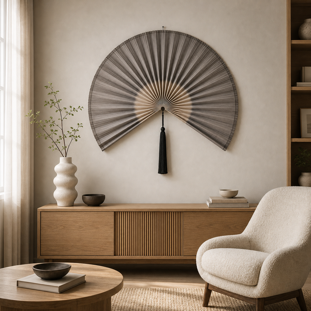 Taupe Gray Handwoven Bamboo Wall Fan with Black Tassels - 50" × 100 cm