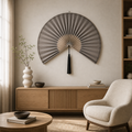 Taupe Gray Handwoven Bamboo Wall Fan with Black Tassels - 50" × 100 cm