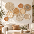Rattan floral raffia wall baskets displayed above a living room sofa