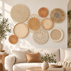 Rattan floral raffia wall baskets displayed above a living room sofa