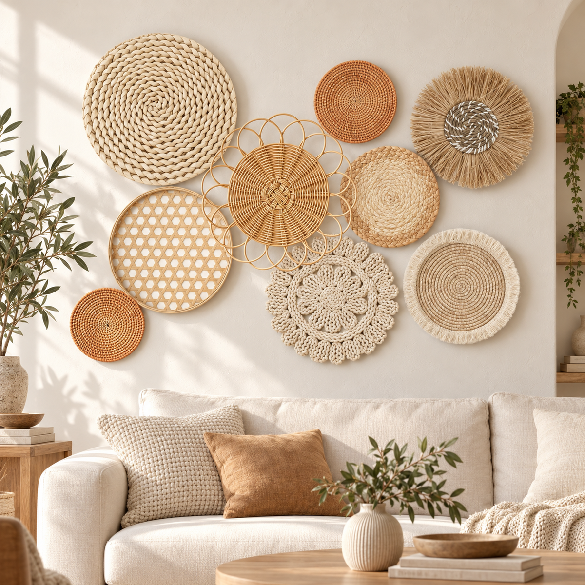 Rattan floral raffia wall baskets displayed above a living room sofa