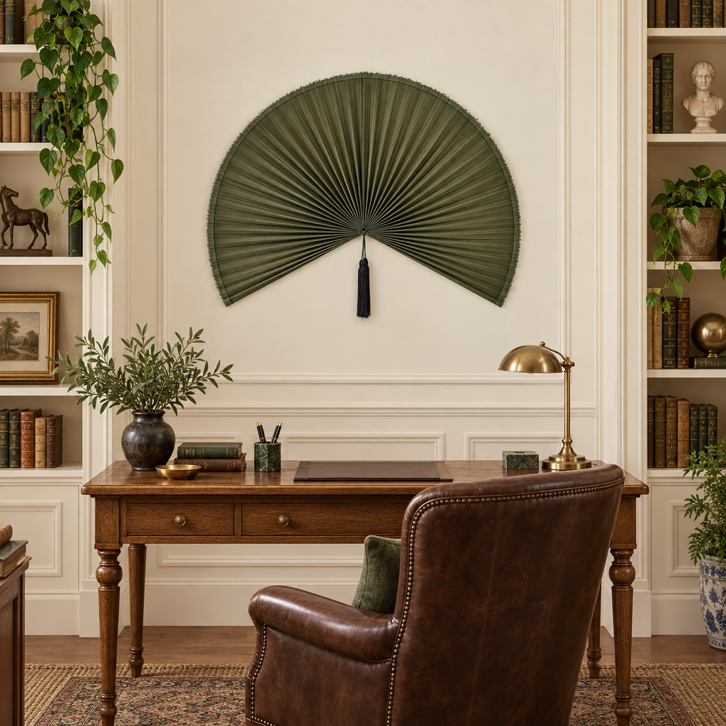 Dark Olive Green woven wall fan in a styled room