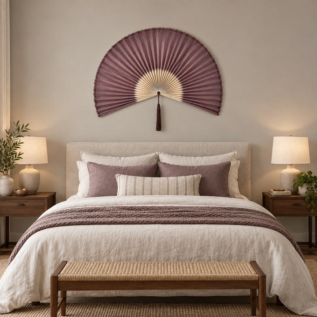 Plum Purple & Natural woven wall fan in a styled room