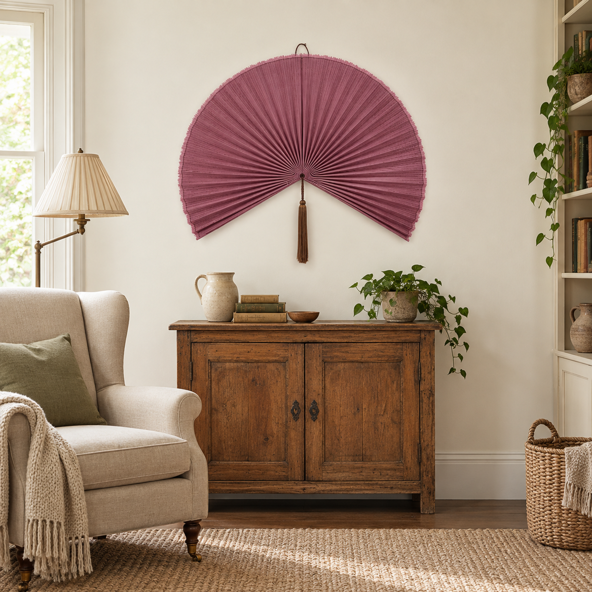 Mauve Rose woven wall fan in a styled room