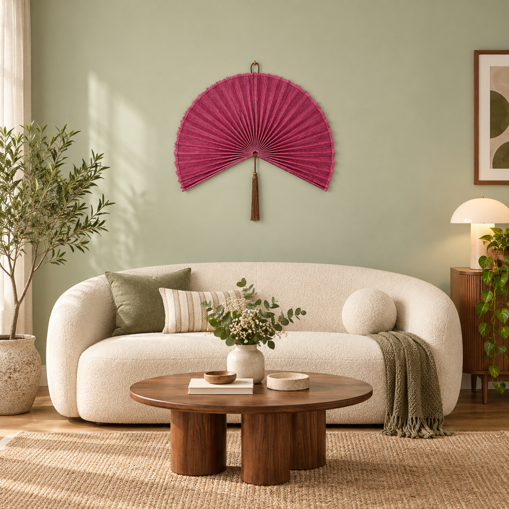 Rose Pink woven wall fan in a styled room