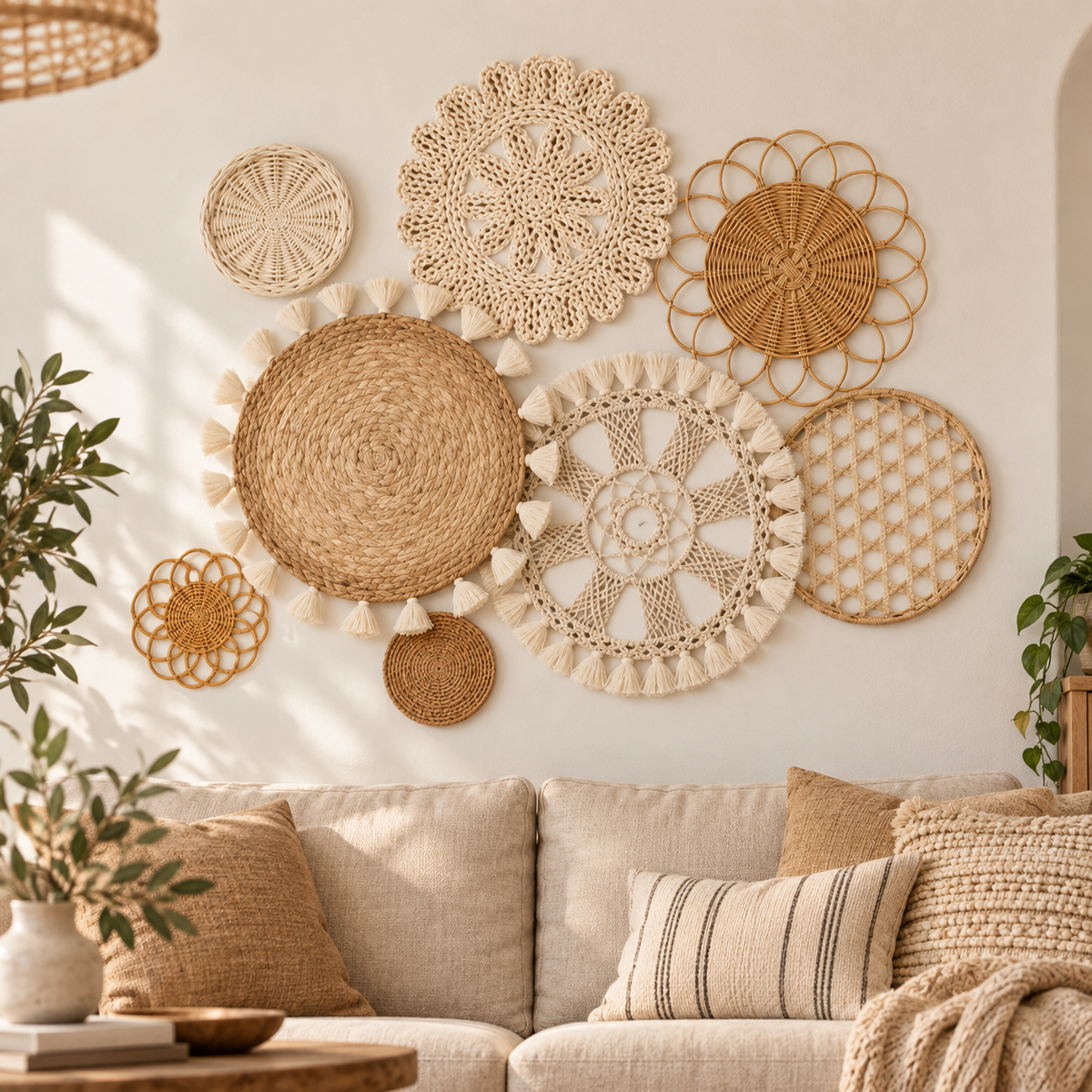 Rattan crochet floral wall baskets displayed above a living room sofa