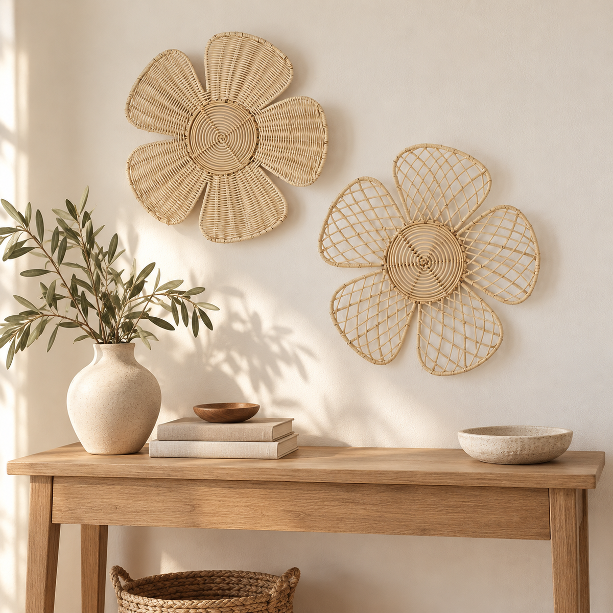 Dense weave and open weave natural rattan flower wall decorations displayed together