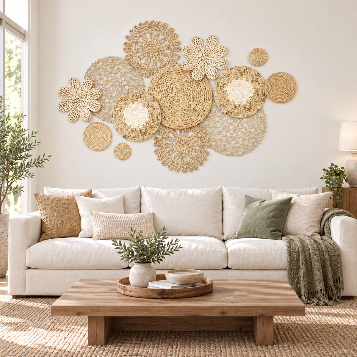 Natural floral openwork wall baskets above a living room sofa