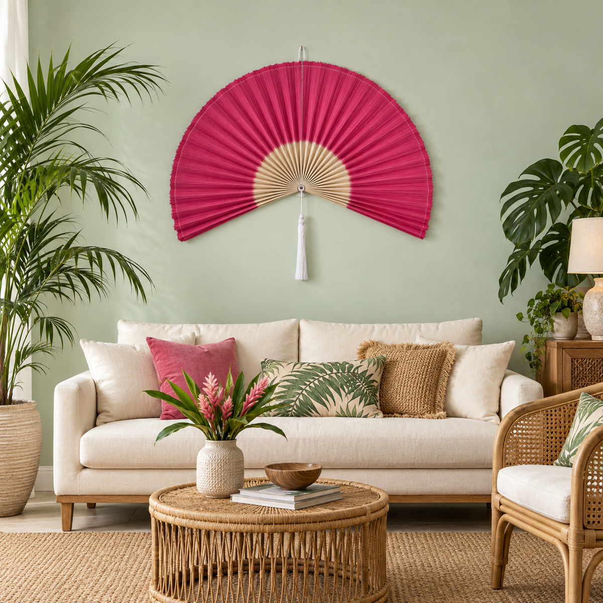 Magenta & Natural woven wall fan in a styled room