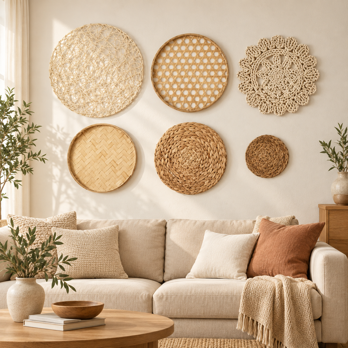 Natural openwork woven wall baskets displayed above a living room sofa