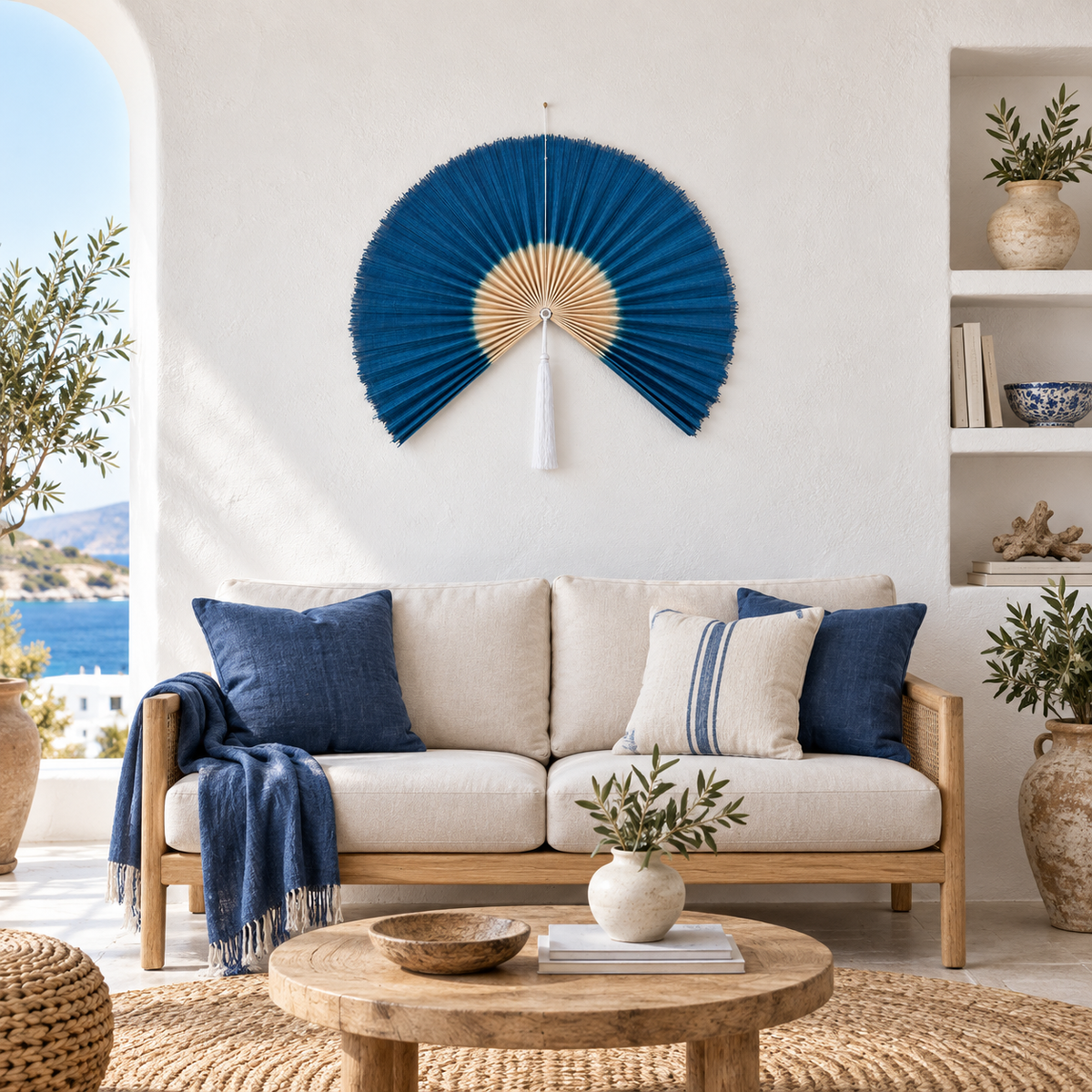 Peacock Blue woven wall fan in a styled room
