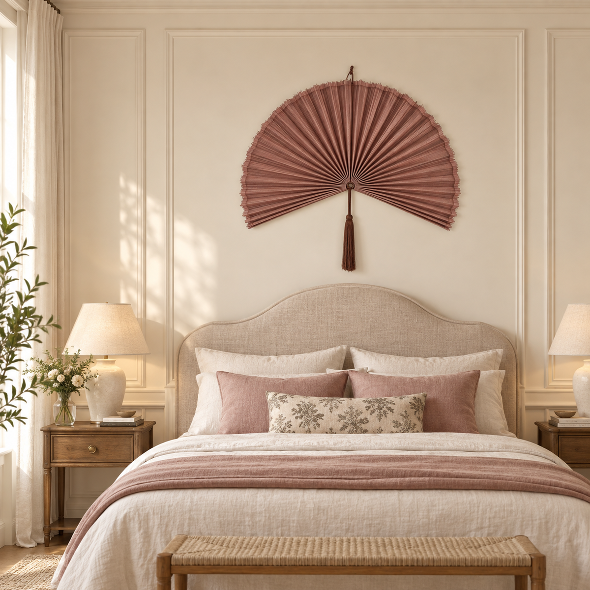 Dusty Blush Pink woven wall fan in a styled room