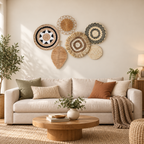 Black white geometric and woven leaf wall decor above a sofa
