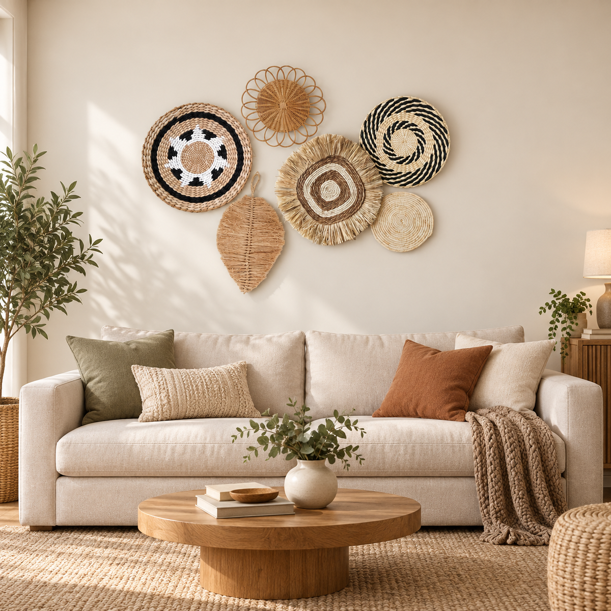 Black white geometric and woven leaf wall decor above a sofa