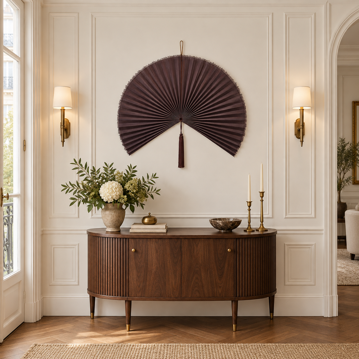Smoky Plum woven wall fan in a styled room