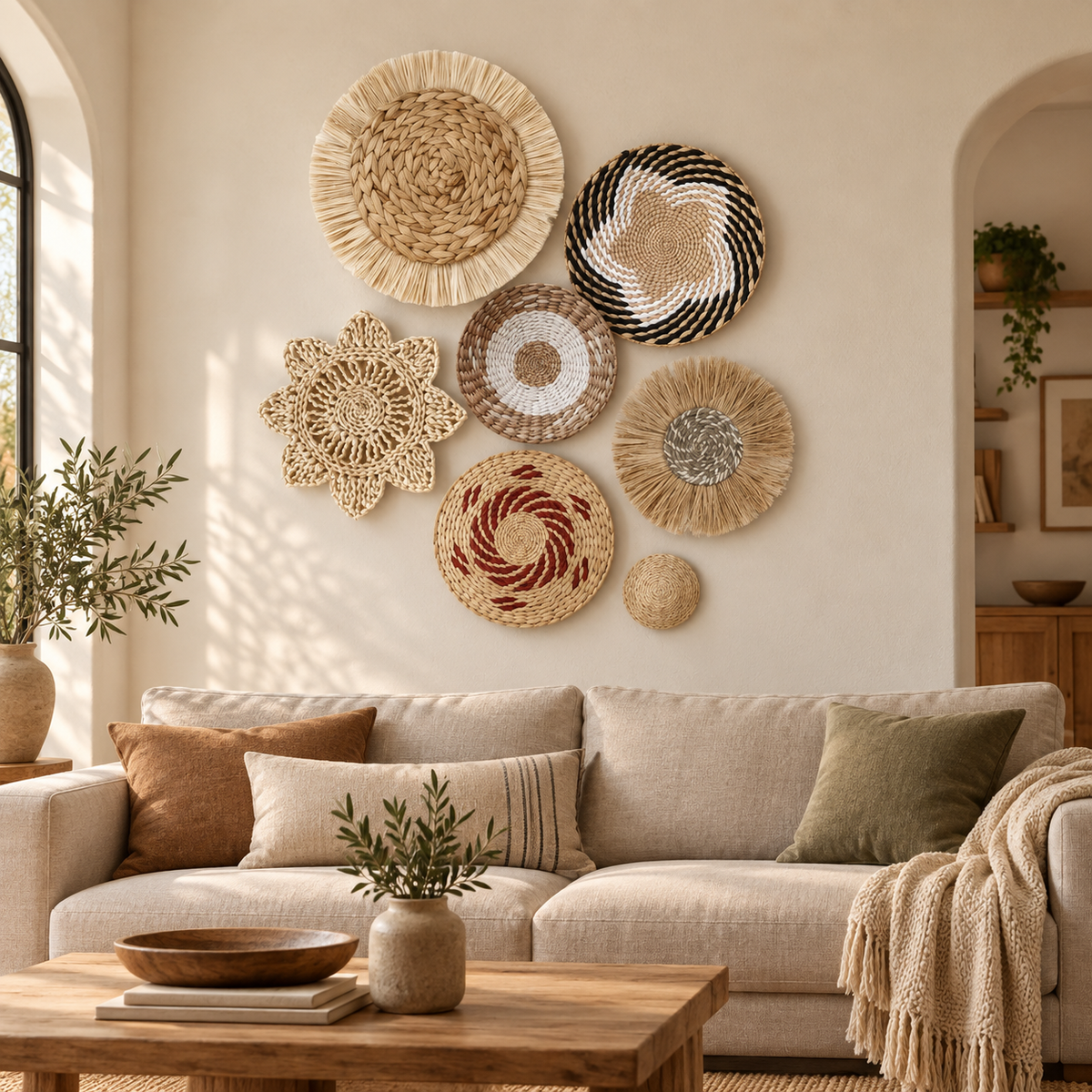Multicolor tribal woven wall baskets displayed above a living room sofa