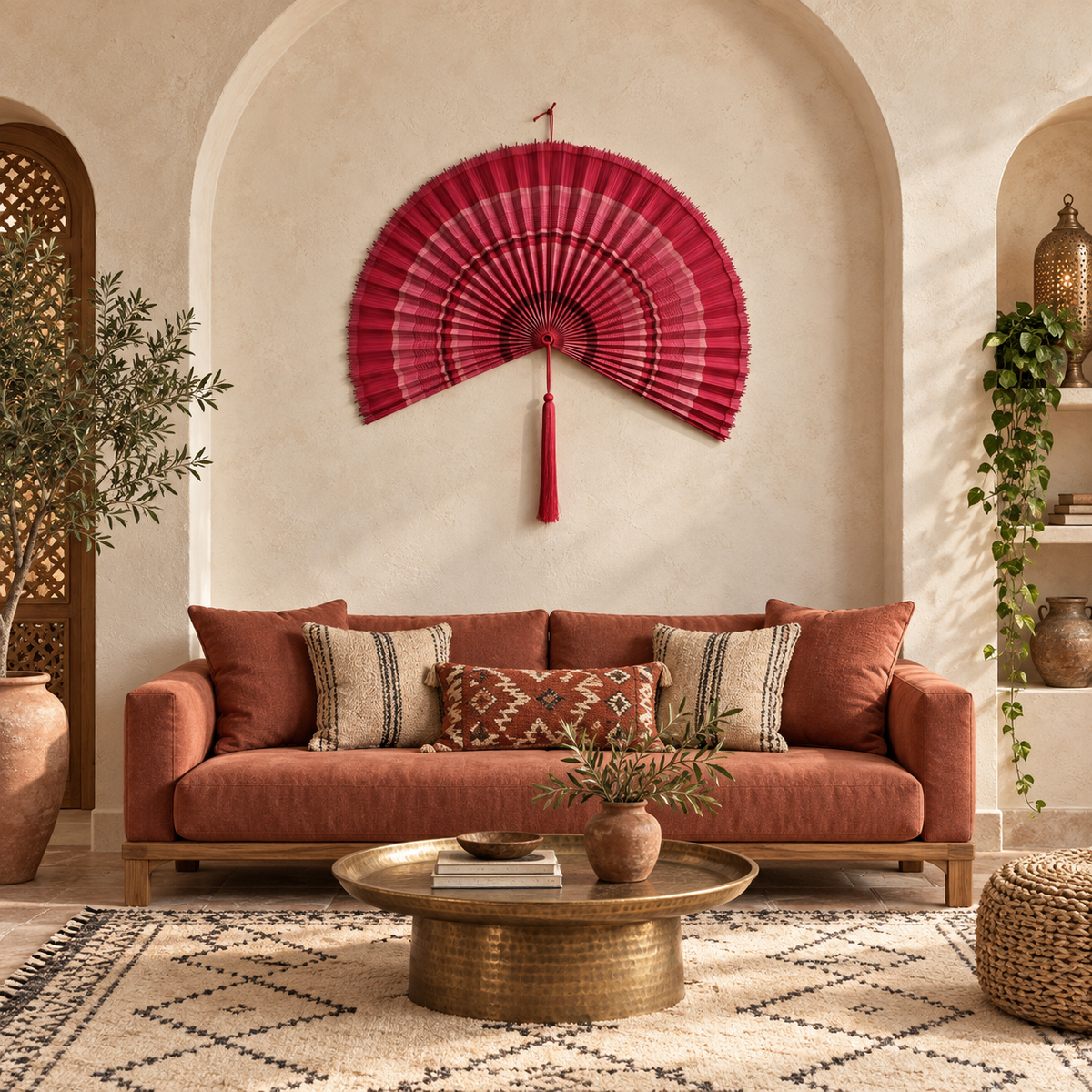 Rose Red Ombre woven wall fan in a styled room