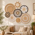 Black white geometric woven wall baskets above a living room sofa