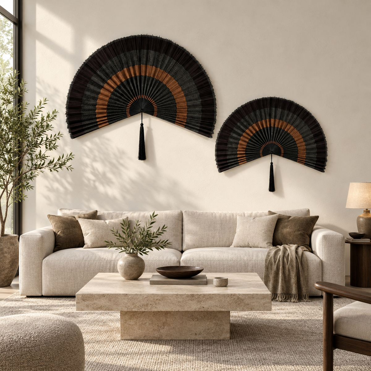 Black and copper woven wall fan set of two above a living room sofa