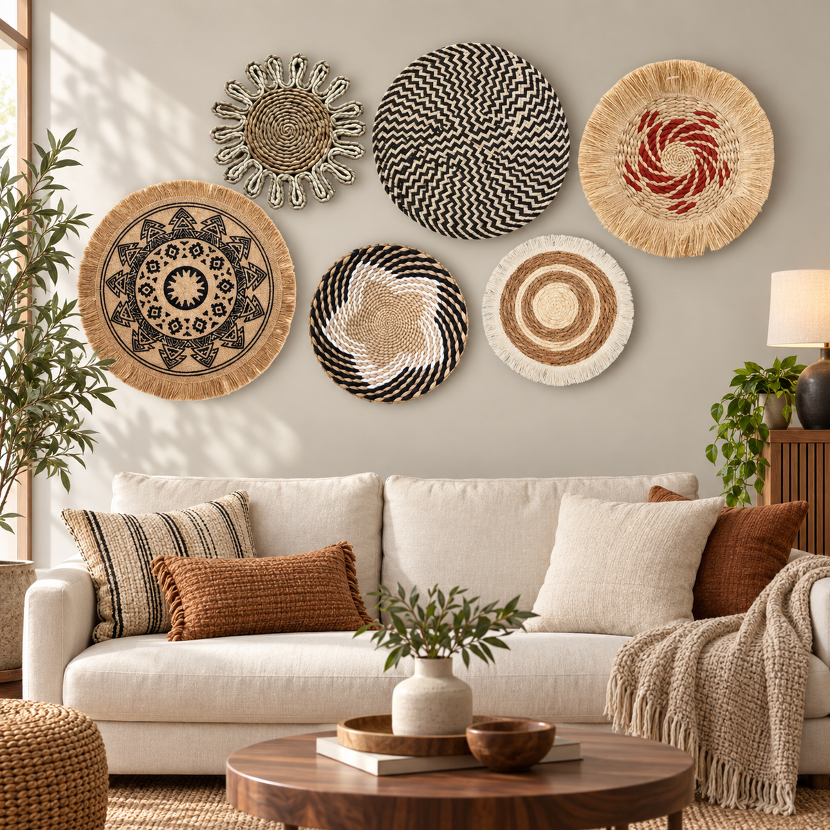 Multicolor boho woven wall baskets displayed above a living room sofa