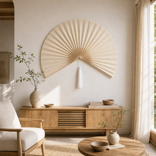 Cream White Handwoven Bamboo Wall Fan with White Tassels - 50" × 100 cm