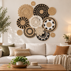 Black white openwork wall baskets above a living room sofa