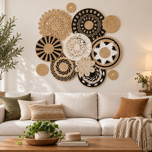 Black white openwork wall baskets above a living room sofa