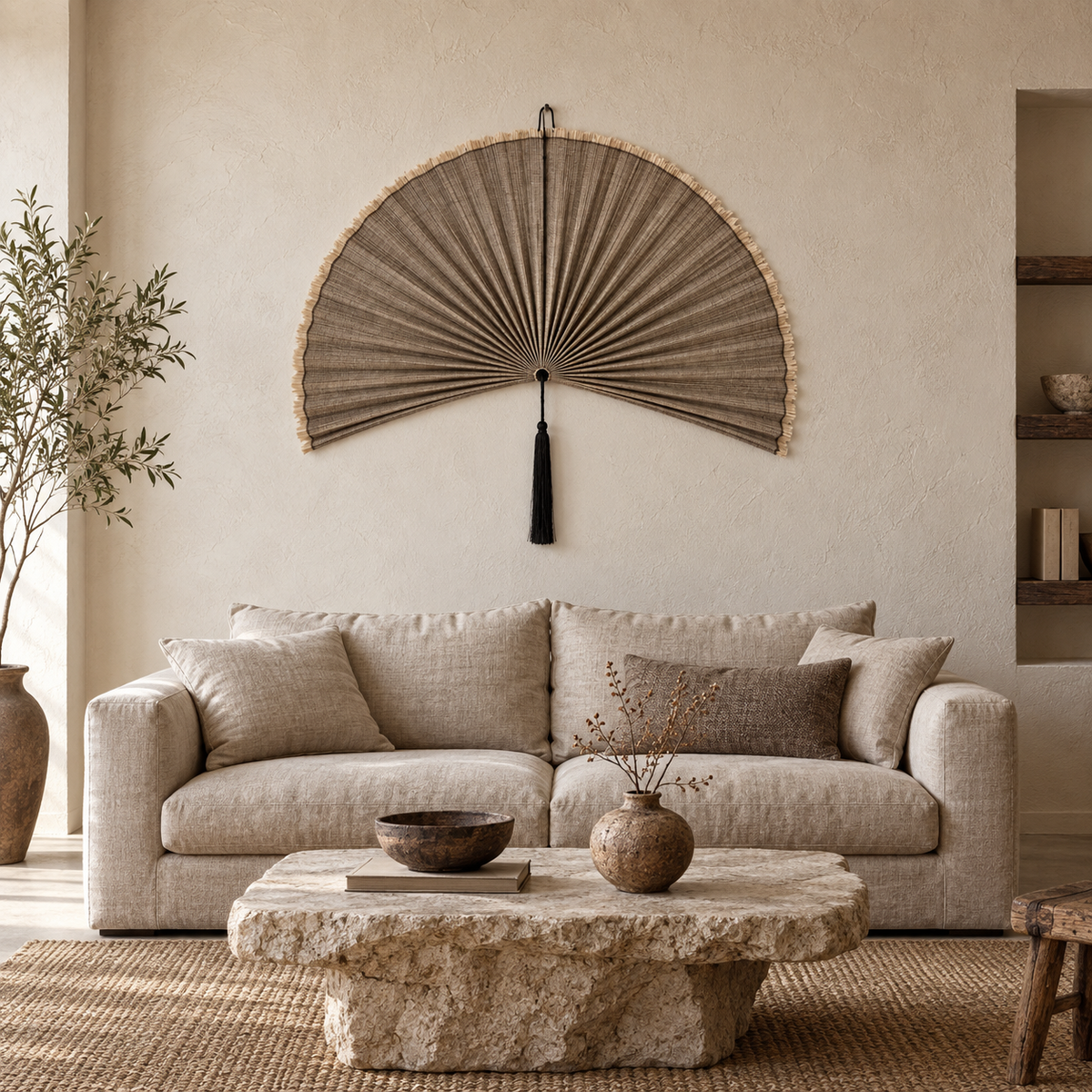 Linen Taupe woven wall fan in a styled room