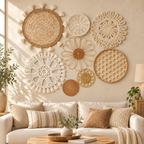 Rattan floral openwork wall baskets displayed above a living room sofa